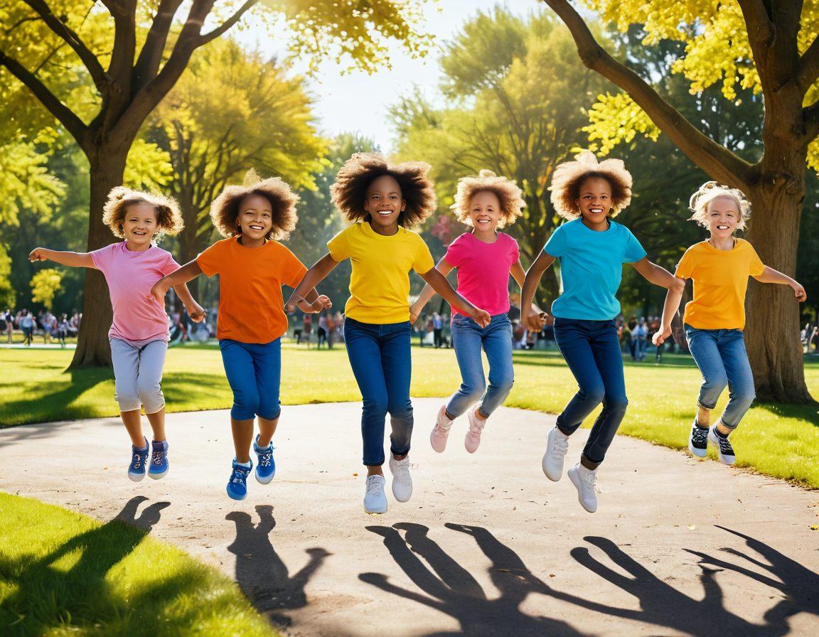 A dynamic scene of a group of children joyfully double Dutch jumping together in a sunlit park, their colorful ropes intertwining in mid-air. The children are laughing, with expressive faces full of excitement, while a picturesque playground is in the background. Bright flowers and trees add to the vibrant atmosphere of childhood innocence and exuberance. super-realistic. vibrant colors. sunny background.