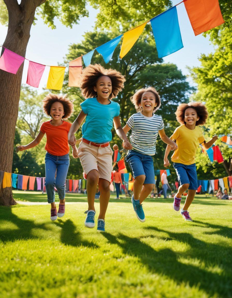 A vibrant scene depicting a group of diverse children joyfully jumping rope in a lively park setting, surrounded by colorful banners and playful decorations. Emphasize the exhilaration on their faces, with sunlight casting playful shadows on the grass. Include double Dutch ropes flying through the air in dynamic motion, showcasing the fun and energy of the activity. A clear blue sky adds to the joyful atmosphere. super-realistic. vibrant colors. outdoor setting.