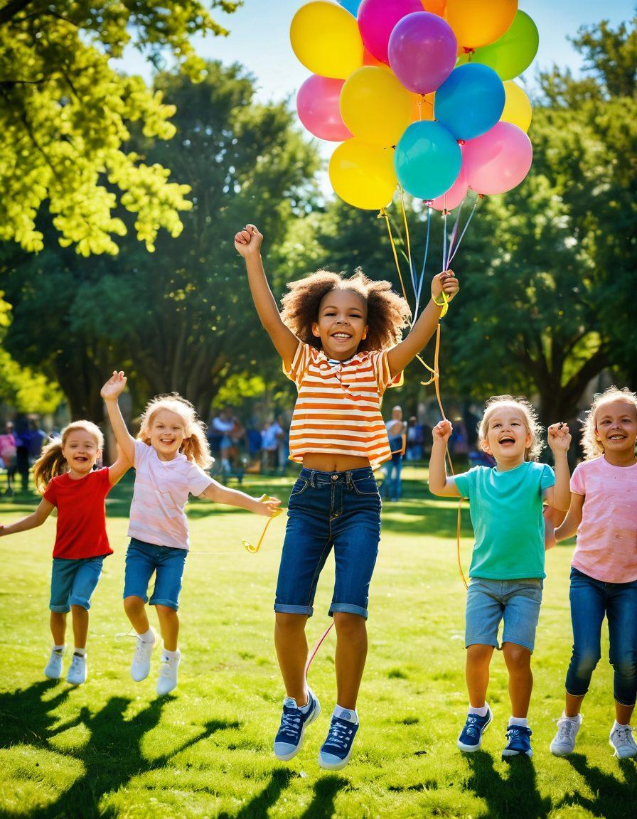 A lively scene of children joyfully jumping double dutch ropes in a sunlit park, surrounded by smiling friends clapping and cheering. Colorful jump ropes create a mesmerizing pattern while vibrant balloons float in the background. Capture the essence of fun and teamwork with bright, cheerful expressions on the children's faces. super-realistic. vibrant colors. sunny atmosphere.